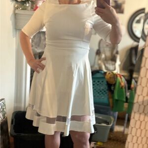 Lulu's Cream Fit-and-Flare Long Sleeve Dress with Sheer Hem Bands